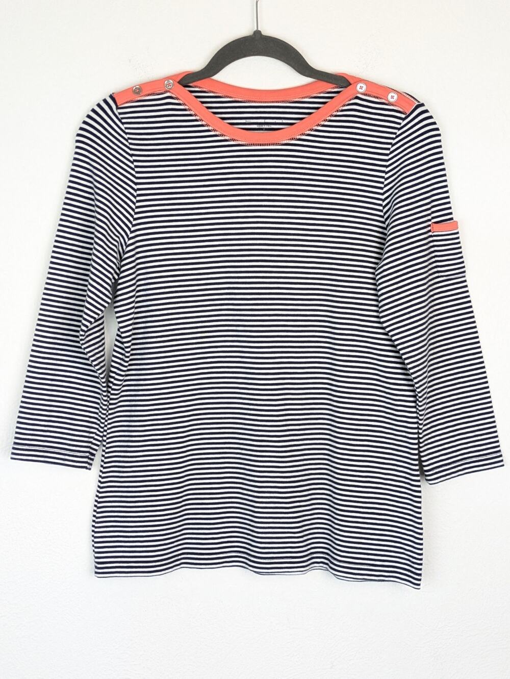 E.L.I Top Knit Boat Neck Striped Button Pocket Nautical Blue White Coral Size S